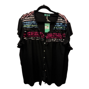 NWT Sunshine & Rodeos rainbow 🌈 sequin black flutter short sleeve top 3X